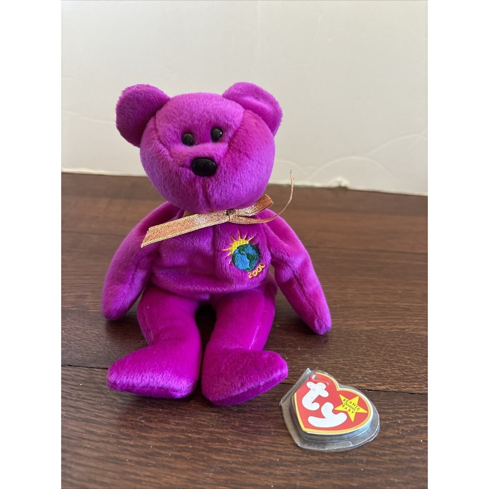 Ty Beanie Babies Millennium Bear- Purple- Errors In Tag- Not Attached